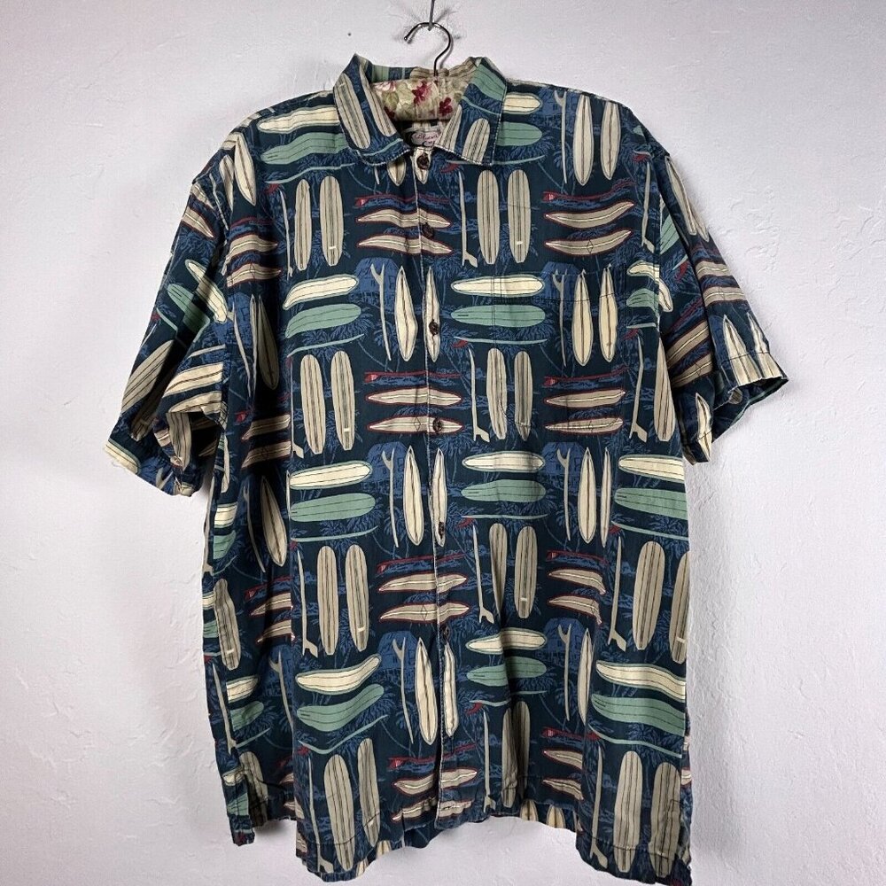 Bluewater Wear Mens Button Down Shirt Large Blue Hawaiian Surfing Board Print